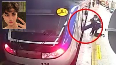 闭路电视画面显示，阿米塔（小图）10月1日进入德黑兰的地铁车厢不久后，被抬到月台上。（图取自网络）