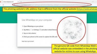 诈骗集团设立假的网页版WhatsApp登入页面，当受害者透过搜寻引擎寻找网页版WhatsApp时，如果没有验证网页的网址，就会被引导到假的登入页面。 （新加坡警察部队提供）