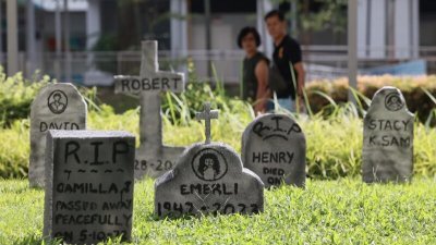 新加坡有组屋居民在组屋楼下草地打造“墓园”，自制墓碑相当逼真，吸引路人的目光。