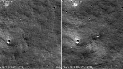 NASA的月球勘测轨道飞行器拍摄到月球南极多了一个坑洞（右图），相信是8月19日坠毁的俄罗斯探测器“月球-25”号所造成。（图取自NASA戈达德太空飞行中心/亚利桑那州立大学/路透社）