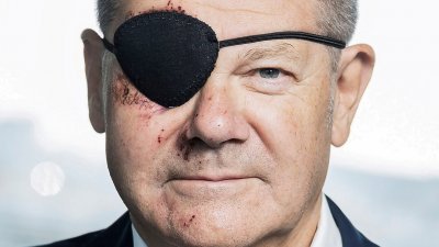 德国柏林联邦新闻社周一发布，德国总理肖尔茨发生摔伤事故后，佩戴眼罩的官方照片。（图取自德国柏林联邦新闻社/路透社）