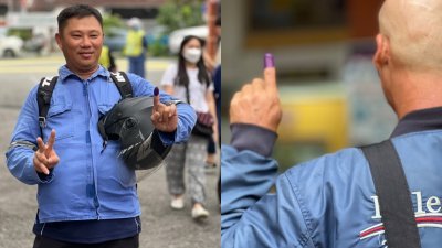 （左）吴先生投票后，准备骑摩多到新加坡上班。（右）林先生一早被朋友叫醒，叮嘱出门投票。