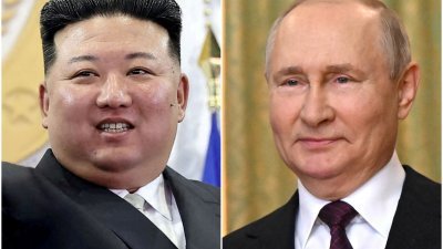朝鲜最高领导人金正恩（左）预计在下周一前往符拉迪沃斯托克，与俄罗斯总统普京会谈。（图取自朝中社、俄罗斯卫星通讯社/路透社）