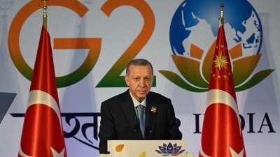 土耳其总统埃尔多安，周日在印度新德里20国集团（G20）峰会闭幕式后，在新闻发布会上发表讲话。（图取自法新社）