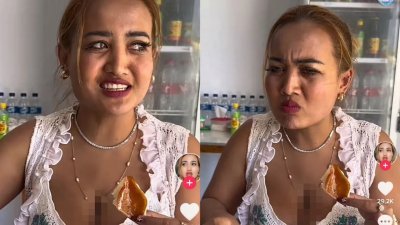 印尼穆斯林女网红丽娜拍摄吃炸猪皮影片被举报，法院周三判处她坐牢2年并罚款。（图取自网络）