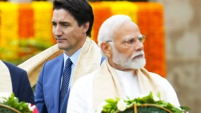 加拿大总理特鲁多（左）与印度总理莫迪。（美联社）