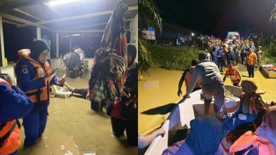 大雨下一整天，导致河水泛滥，造成华玲2个较低洼的甘榜发生闪电水灾，民防部队帮助33户家庭102人搬离家园。