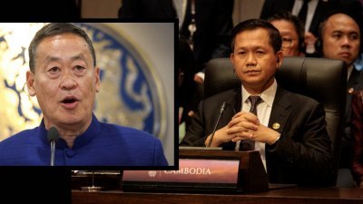 泰国首相斯雷塔（左）会在周四访问柬埔寨，期间将与柬埔寨首相马内德讨论破坏两国对外形象的网络诈骗问题。（图取自路透社档案照）