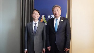 中国商务部部长王文涛（右）在美国底特律参加亚太经合组织（APEC）第29届贸易部长会议期间，会见韩国产业通商资源部通商交涉本部长安德根。（图取自中国商务部官网）