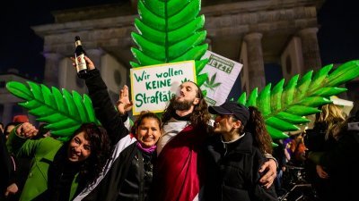 当地时间周日在德国柏林勃兰登堡门外，民众在一株巨大的模拟大麻植物前庆祝娱乐大麻合法化，后面展示“我们不想成为罪犯”的标语。（图取自法新社）