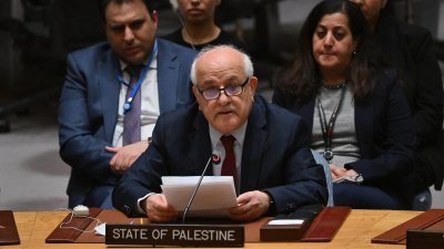 巴勒斯坦常驻联合国观察员曼苏尔。（图取自法新社）