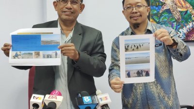 万莫哈末阿兹南（左起）及卡欣向媒体展示官员前往青蚝养殖场了解情况。