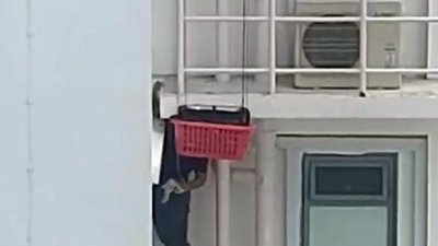 男子从5楼爬出窗外，救走不慎坠落的小猫。 （受访者提供）