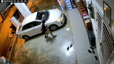 闭路电视画面显示，窃贼企图偷车，结果误触轿车警报器。