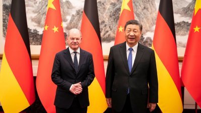 中国国家主席习近平周二上午在北京钓鱼台国宾馆，会见访华的德国总理肖尔茨。（图取自X/Bundeskanzler Olaf Scholz）