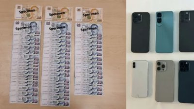 新加坡警方起获数台手机、一张易通卡和现金。 （新加坡警方提供）