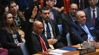 美国常驻联合国副代表伍德（前）在联合国安理会周四的会议上，投票反对巴勒斯坦申请成为联合国正式会员国决议草案。（图取自法新社）