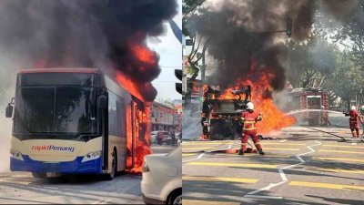 一辆101路线槟城快捷通巴士于周六下午突然起火，所幸无人受伤。