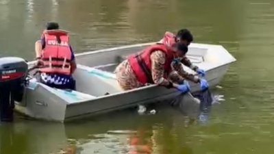 3名消拯员在湖中打捞尸体。