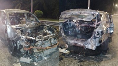 起火燃烧的宝腾赛佳轿车整体约90%遭烧毁。