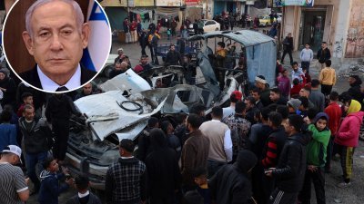 加沙最南端的拉法周六遭到以军袭击，一辆警车被炸毁，吸引大批民众围观。小图为以色列总理内塔尼亚胡。（图取自法新社）