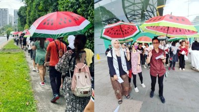 约70人撑著印有西瓜图案的雨伞，朝新加坡总统府方向步行，以表达对巴勒斯坦的支持。