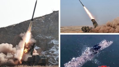 朝鲜官媒本月11日发布的一组照片显示，位于朝鲜的一个秘密地点，国防科学院进行了240毫米可控火箭炮弹弹道控制试射，评估了命中率，并验证其优越性。（图取自朝中社/法新社）