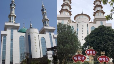 左图为纳家营清真寺改造前的外观；右图为纳家营清真寺完成改造变中式风格。（图取自网络）