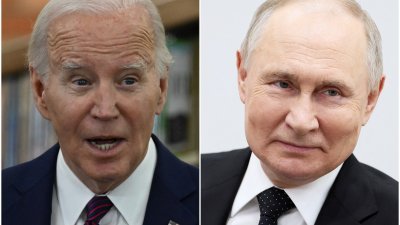 美国总统拜登（左）周三在加州三藩市一场筹款活动上，称俄罗斯总统普京（右）是“疯狂的混蛋”。（图取自法新社）