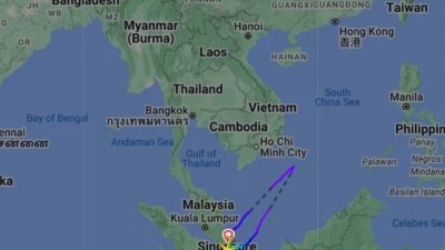 从新加坡出发飞往台北的新航SQ878航班，飞行途中发生医疗紧急事故，折返新加坡。 （图：Flightradar24）