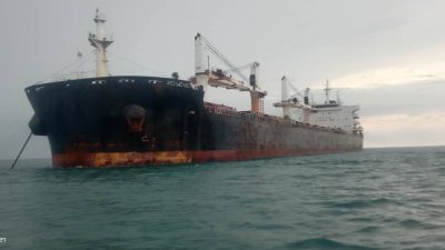 一艘从中国运输白米至土耳其的商船因非法停泊在柔州西部海域，遭大马海事执法机构扣查。（大马海事执法机构）