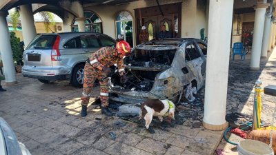 来自吉隆坡旧巴生路消拯局的K9嗅探犬，奉命前来倪可汉失火的住家，展开协助消拯鉴证小组的采证工作。