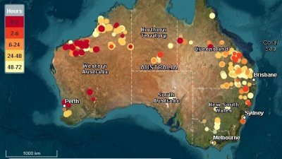 图为截至当地时间周六下午近3时，澳洲地球科学局网站监测山火热点的地图。（图截自Geoscience Australia）