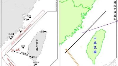 台湾空军更新解放军海空动态示意图，取消各机型航迹图，但新增起飞基地、以及中国军机与台湾本岛的距离。右图为旧版示意图，虚线箭头为空飘气球轨迹。（图取自台湾国防部官网/中央社）