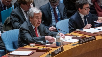 联合国安理会当地时间周二举行以巴问题高级别公开辩论会，联合国秘书长古特雷斯在会上讲话。（图取自法新社）