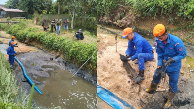 在当地民众的帮助下，民防部队成员使用抽水泵抽乾河水，再用渔网耗近3小时捕鳄。