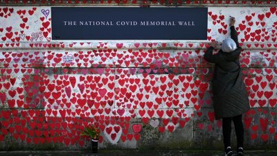 英国首都伦敦市的泰晤士河南岸，有一面贴满爱心的新冠肺炎纪念墙，纪念那些离世的新冠肺炎患者。（图取自法新社）