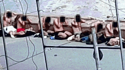 多名加沙医护人员被令穿著内裤抱头跪倒在地。（图取自社交平台X）