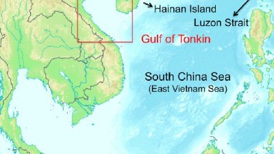 红框为东京湾（Gulf of Tonkin，中国称为北部湾）。（图取自网络）