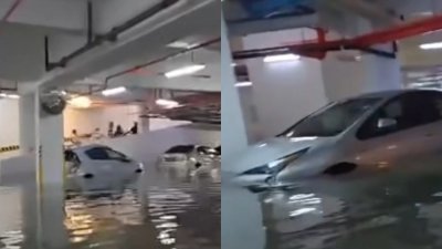 视频截取的照片可见，多辆轿车浸泡在水里。