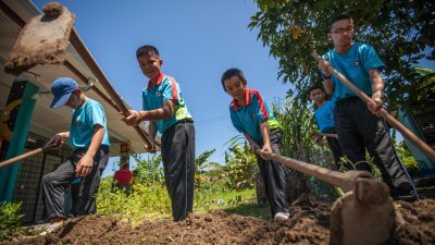 生态校园计划致力于培养下一代领袖，让他们了解人类的健康是建立在良好环境的基础之上。图为沙巴州兵南邦巴巷国中的特殊学生锄地种菜，为校园增添绿意。（摄影：Mazidi Ghani/WWF-Malaysia）