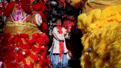 2022年2月1日，在美国纽约市曼哈顿唐人街附近的中国农历虎年文化庆祝活动中，一名身著传统服装的女孩站在舞狮中间。（图取自路透社档案照）
