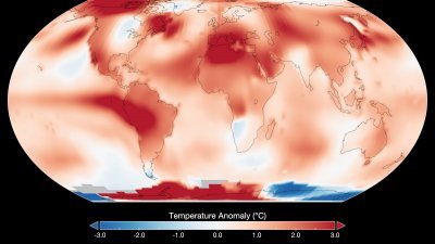 2023年7月全球气温异常的地图。（图取自NASA戈达德太空研究所/中新社）