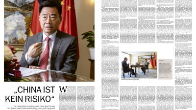 中国大使吴恳接受德国《柏林报》发行人迈尔专访。（图取自中国驻德国大使馆官网）